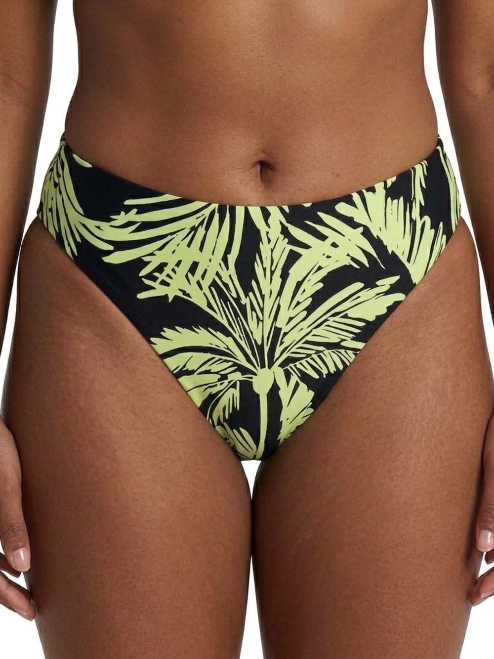 CITRUS WOMEN’S High-Cut Palm-Print Bikini Bottom - Black & Lime NWT